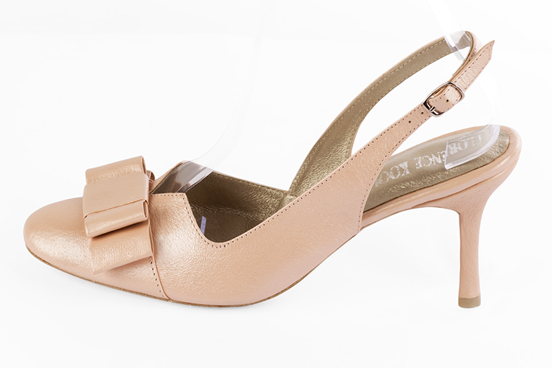 Powder pink women's open back shoes, with a knot. Round toe. High slim heel. Profile view - Florence KOOIJMAN